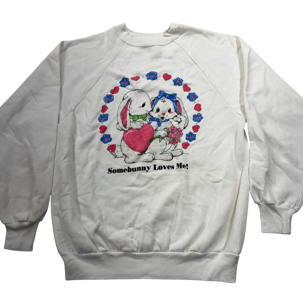 Vintage 80s Somebunny Loves Me Raglan Sweatshirt XL Cream Bunny Graphic USA Made